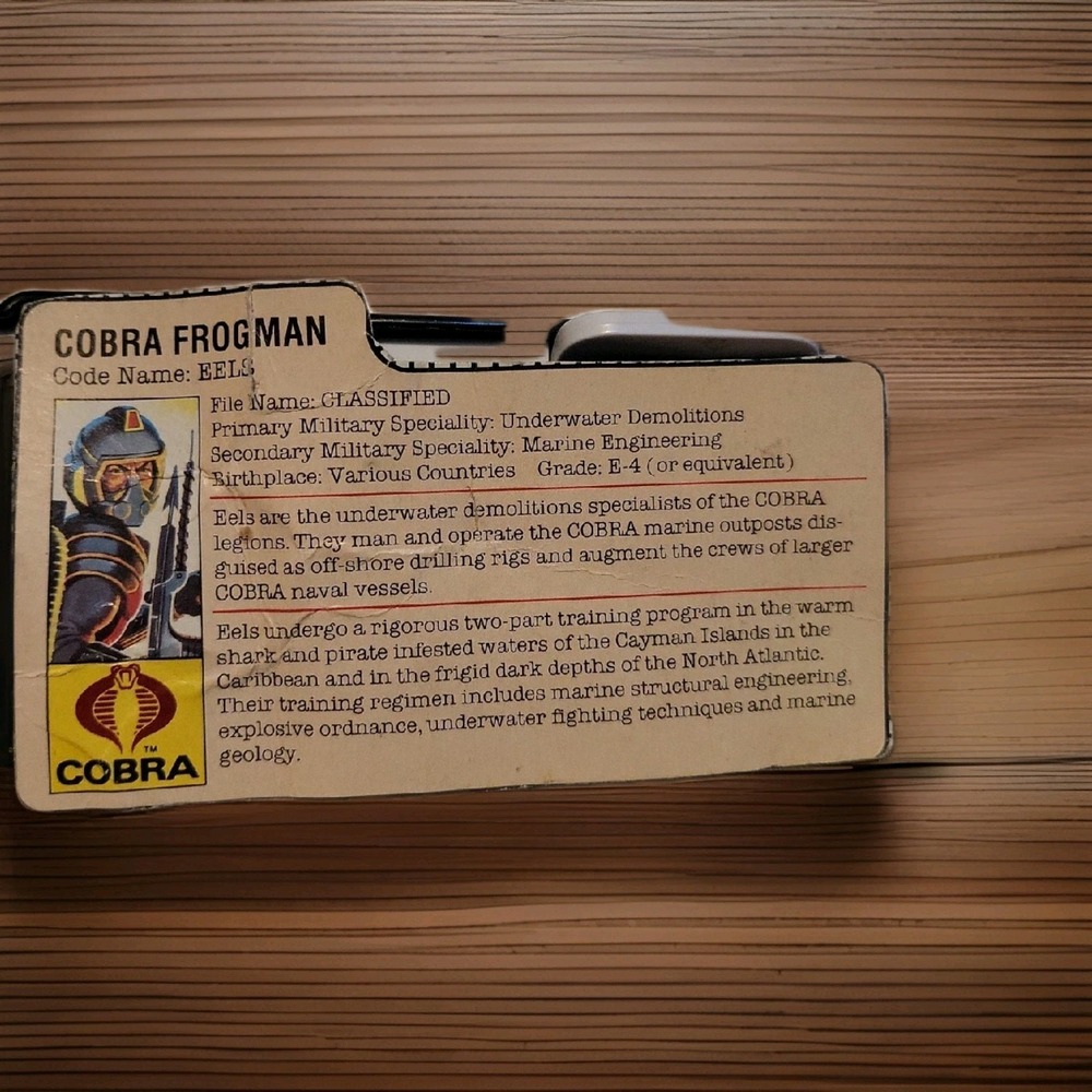 Vintage Hasbro GI Joe ARAH 1985 V1 Cobra Eels File Card.